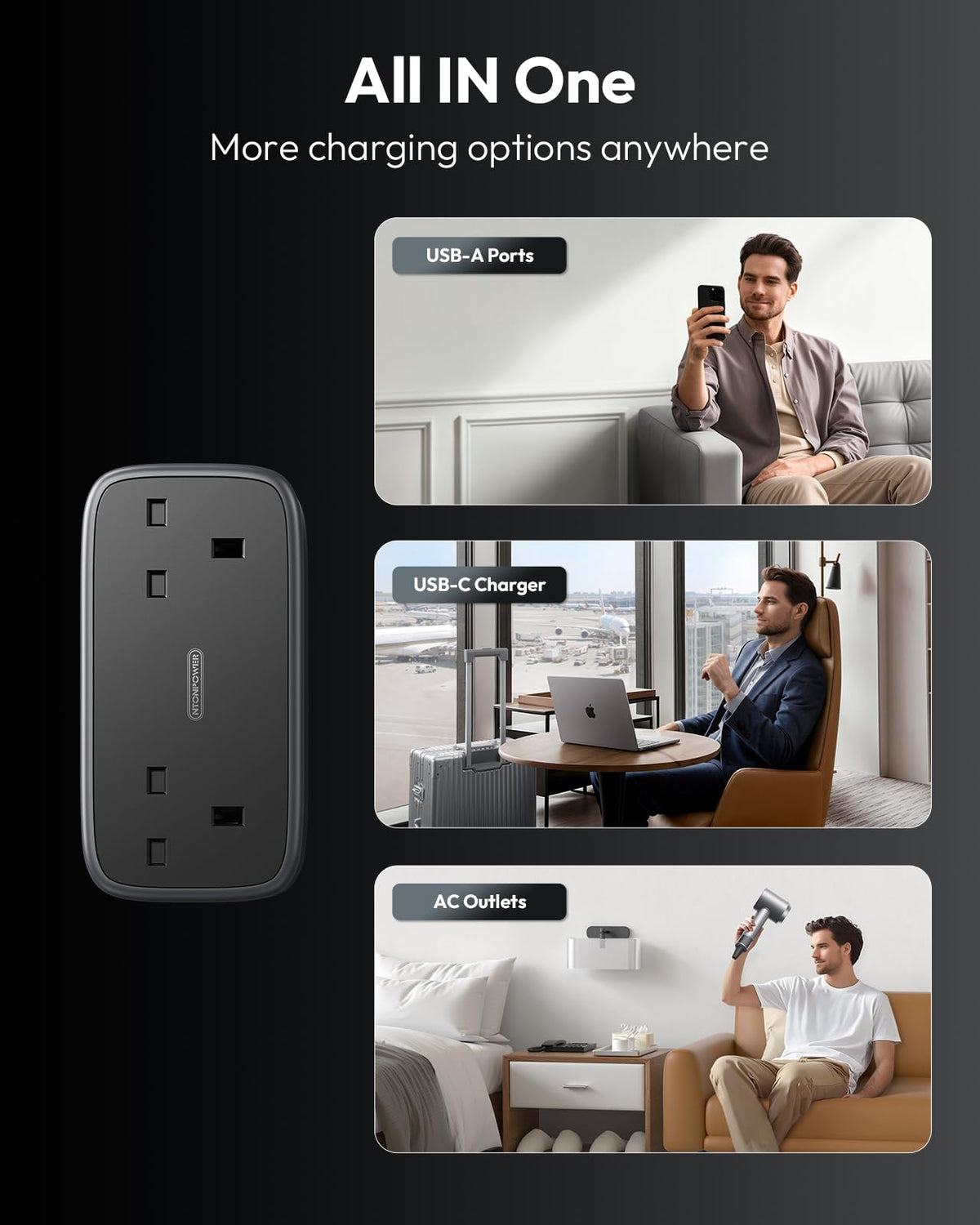 NTONPOWER UK to European Plug Adapter with 1.2M Extension Cable，2 Way Travel Extension Lead with 3 USB(2A+1C) Compact Travel Adapter for Germany France Spain Turkey Greece Iceland etc(Type E/F)