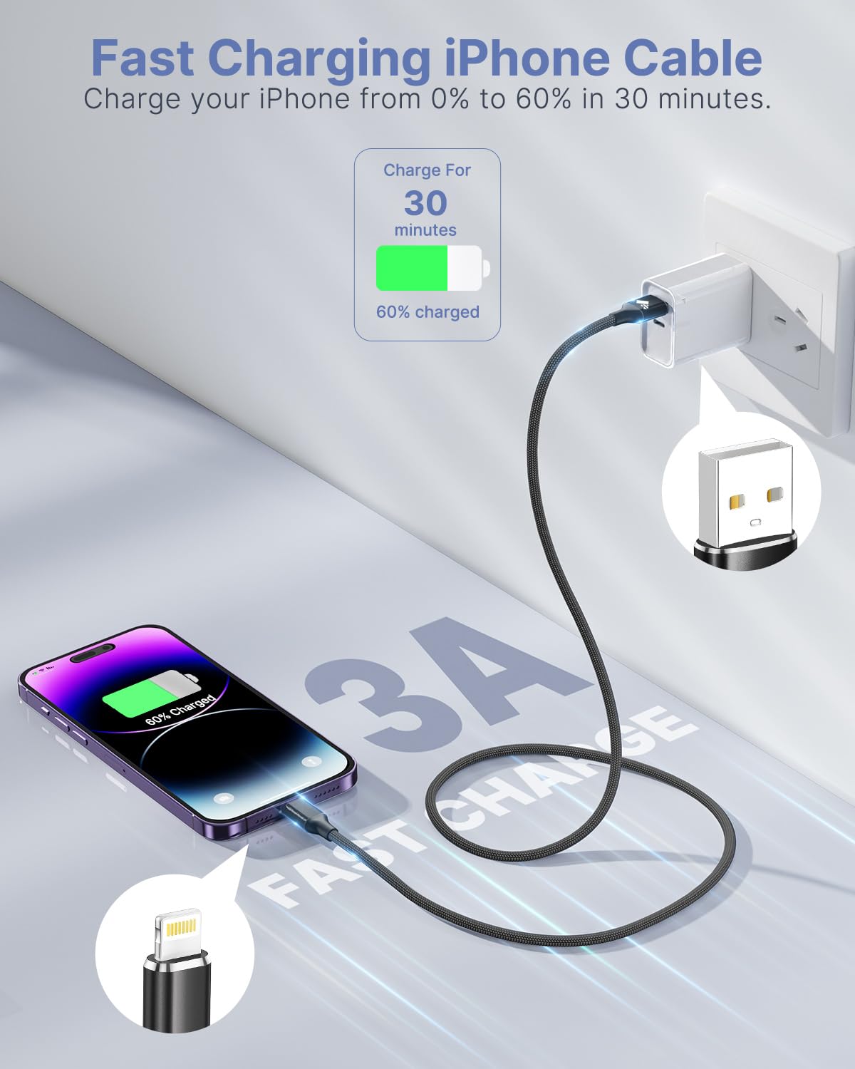 Aioneus iPhone Charger Cable 1M, MFi Certified Lightning Cable Fast iPhone Charging Cable Nylon Braided USB iPhone Charger Lead for iPhone 14 13 12 11 Pro Max XR XS X Max 8 7 6s Plus SE, iPad