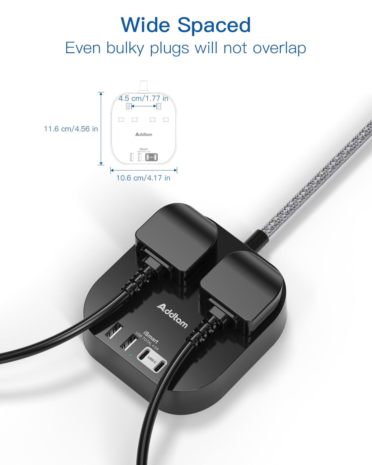 Addtam Extension Lead with USB Slots, Power Strips with 2 Way Outlets 4 USB