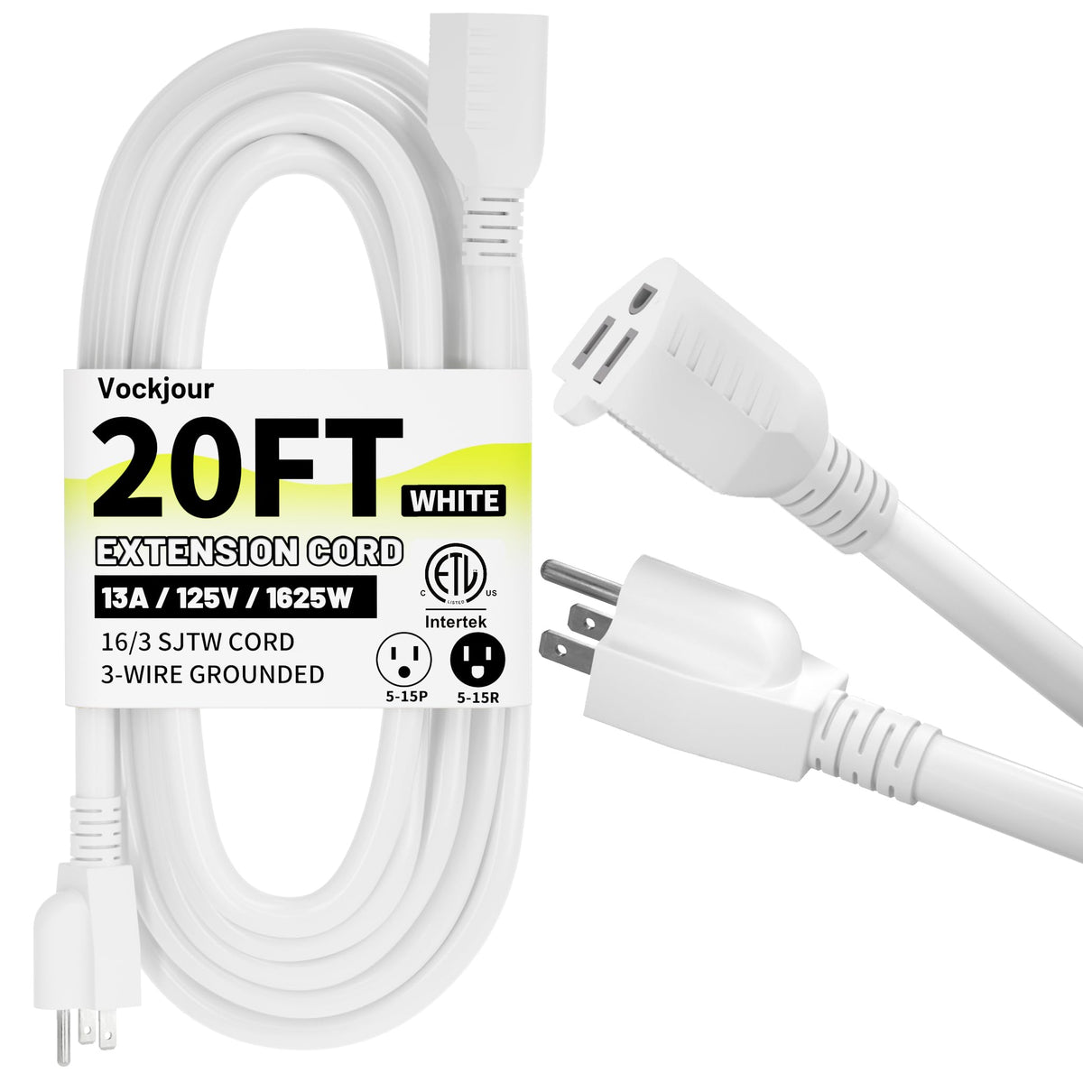 Vockjour 16/3 White Indoor Outdoor Extension Cord 35 Ft Waterproof