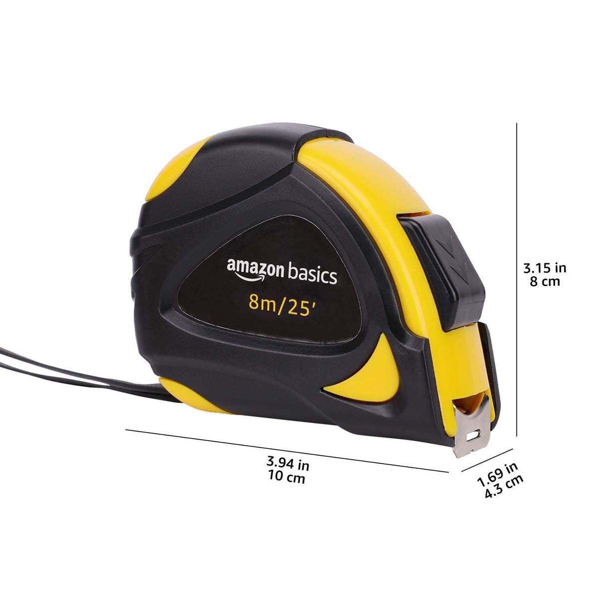 Amazon Basics Self-Locking Tape Measure with Belt Clip, 16-Feet (5-Meters), Inch/Metric Scale, MID Accuracy, Black, Yellow