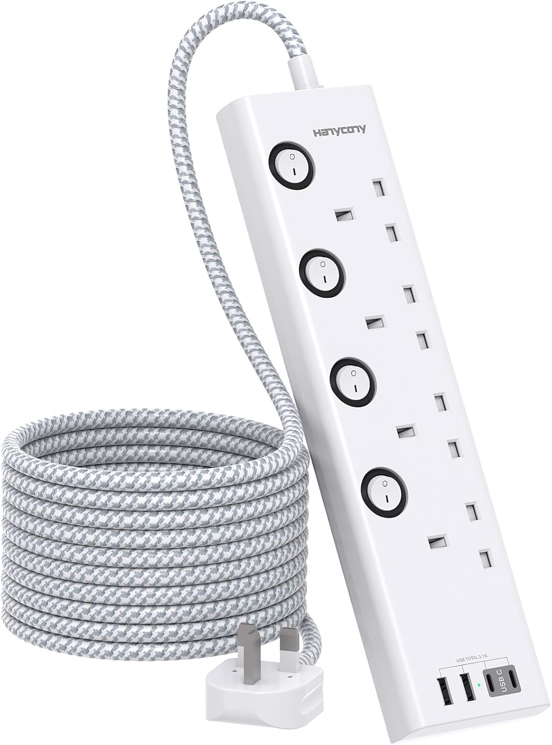Black Extension Lead with 4 USB Slots(2 USB C), 4 Way Plug Extension Socket
