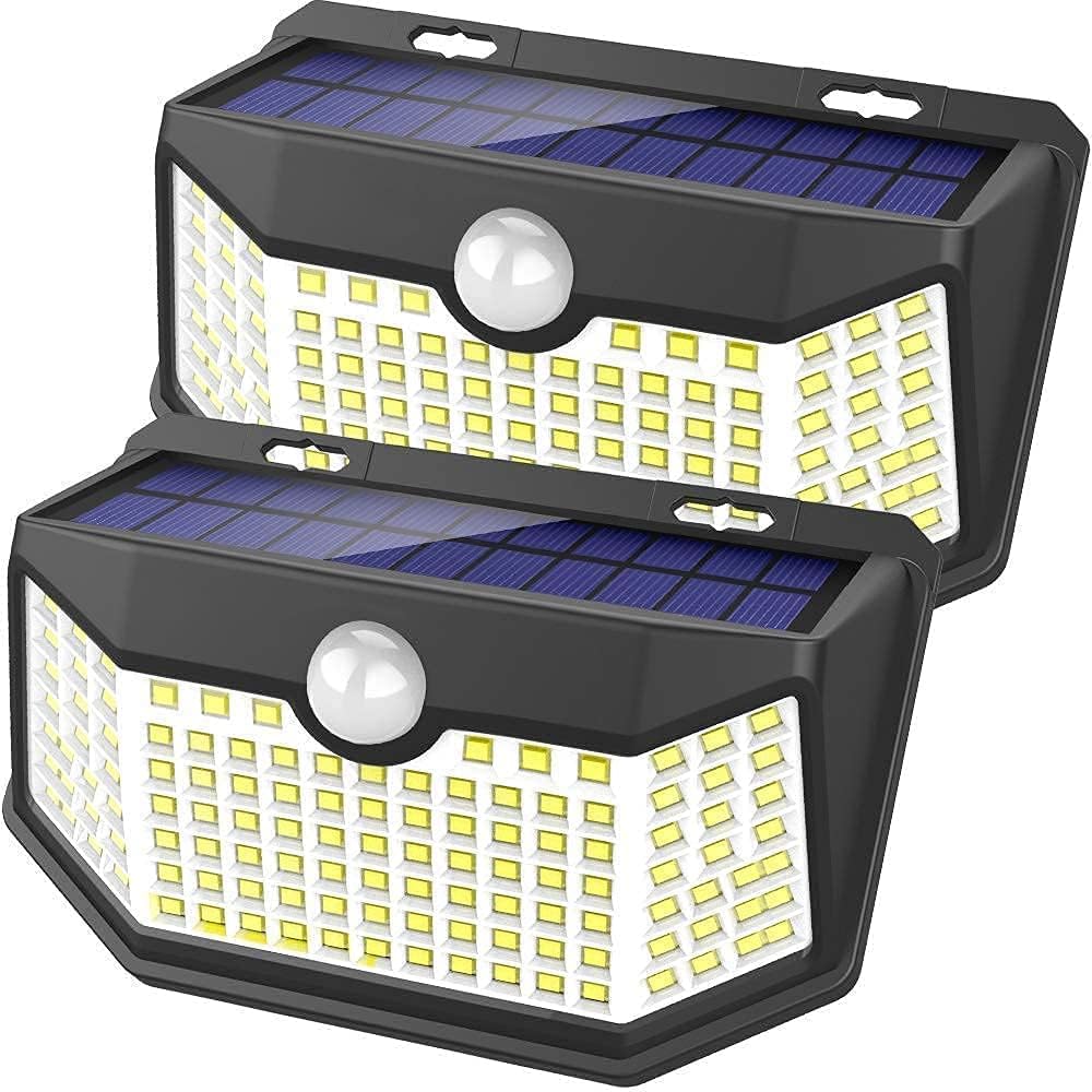 HMCITY Solar Lights Outdoor 120 LED with 3 Lighting Modes, Motion Sensor Wall Lights,IP65 Waterproof Solar Powered for Garden Patio Yard (Back Button 2Packs, Black Shell-Daylight White)