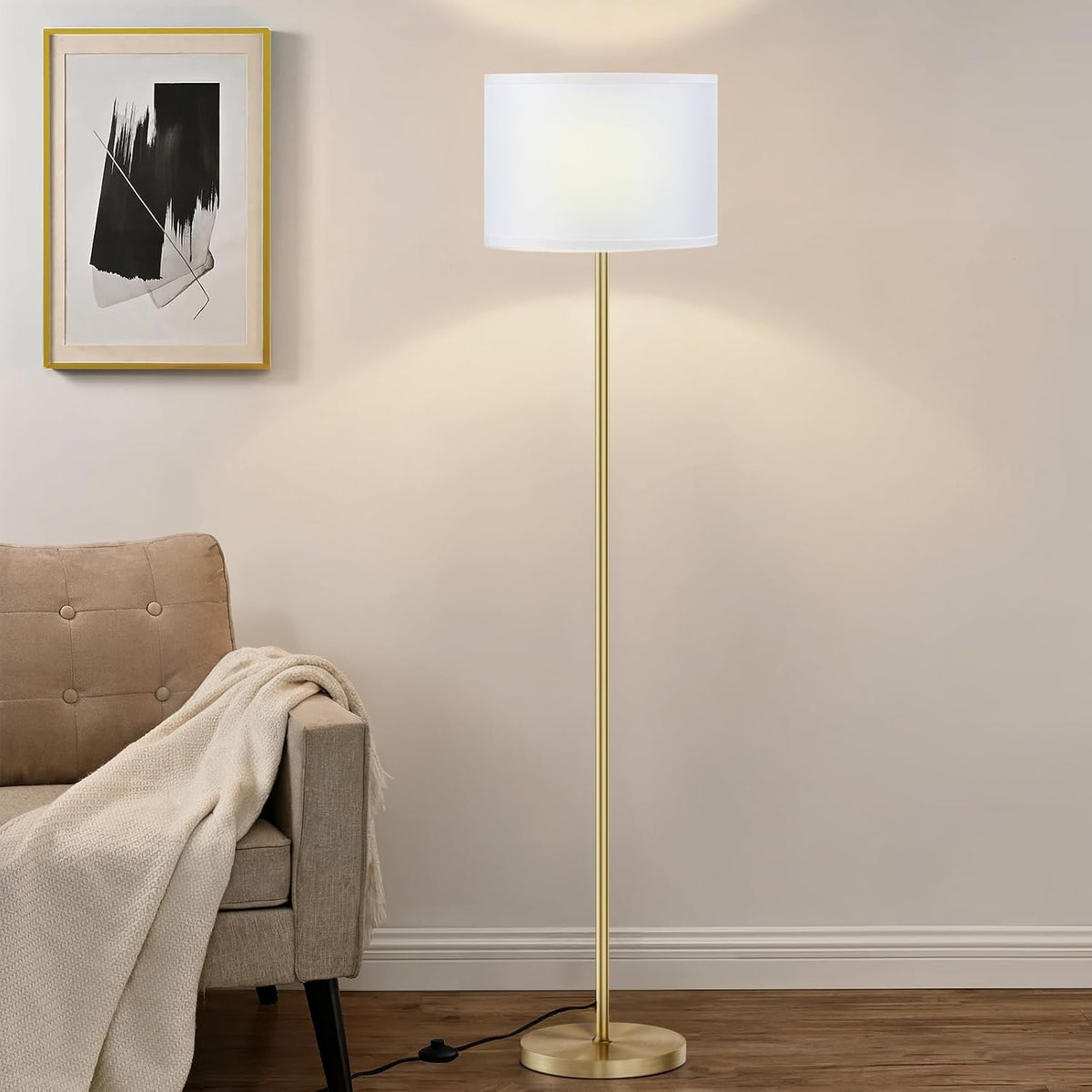 Ambimall Floor Lamp for Living Room with Smart Light Bulb, RGB + Stepless Dimmable Colors Temperature & Brightness(White Shade & Black Pole)