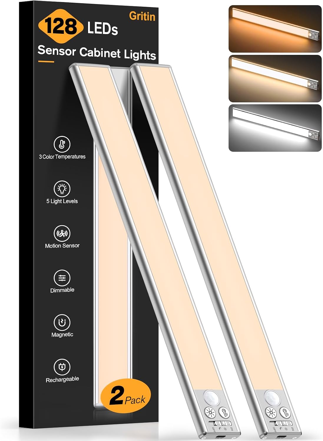 Gritin Under Cabinet Lighting 10.2inch,2 Pack Eye Caring 3-Color 4 Working Modes Dimmable Motion Sensor Light Indoor,Rechargeable Wireless Magnetic Closet Lights Under Counter Light for Kitchen,Stairs
