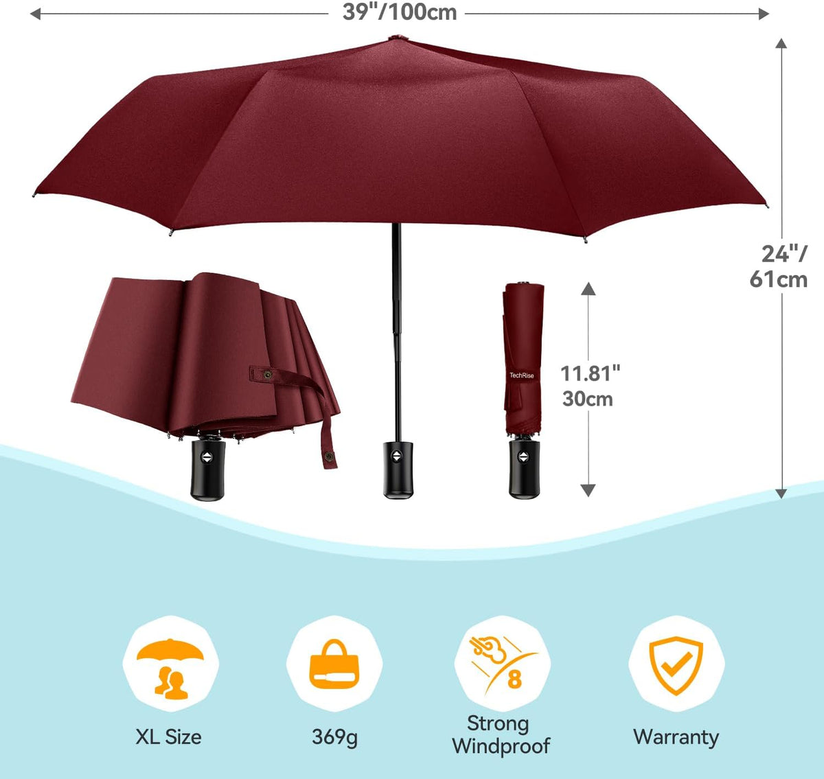 TechRise Umbrella, Compact Strong Windproof Automatic Umbrellas, Folding Lightweight, Portable Travel Golf Umbrella for Rain