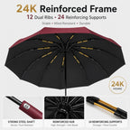 24K Strongest Windproof Travel Compact Umbrella Sturdy Frame Automatic Umbrella for Women & Men