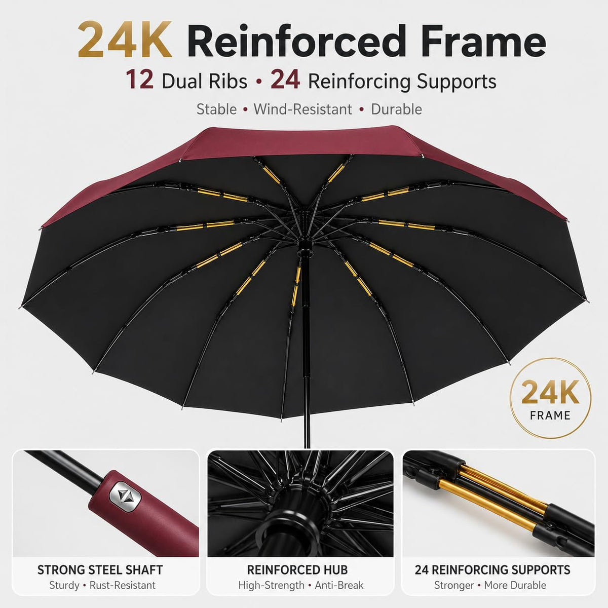 24K Strongest Windproof Travel Compact Umbrella Sturdy Frame Automatic Umbrella for Women & Men