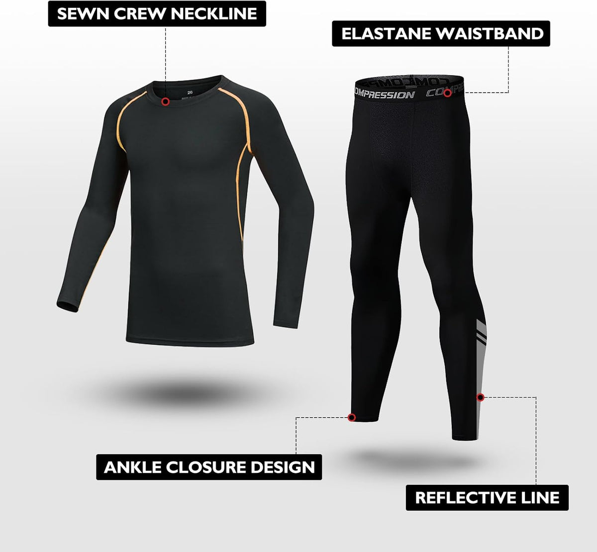 Kids Base Layer - Fleece Lined Athletic football skins, Warm Football Skins Long Sleeve Top and Leggings Compression Set, Reflective Line Thermal Underwear for Biking, Ski & Running