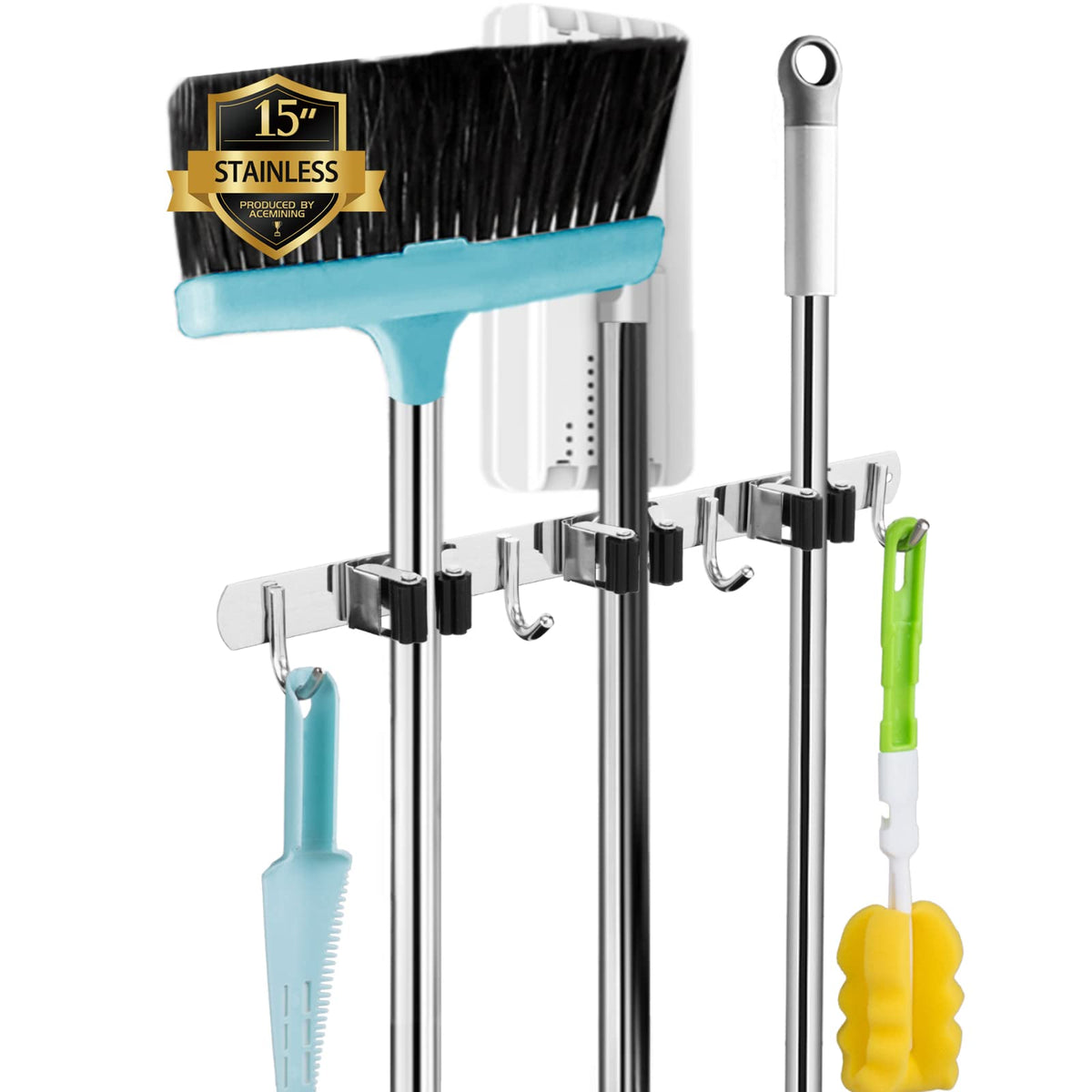 AceMining Broom Holder Wall Mount, 5 Racks 4 Hooks Heavy Duty Mop Organizer
