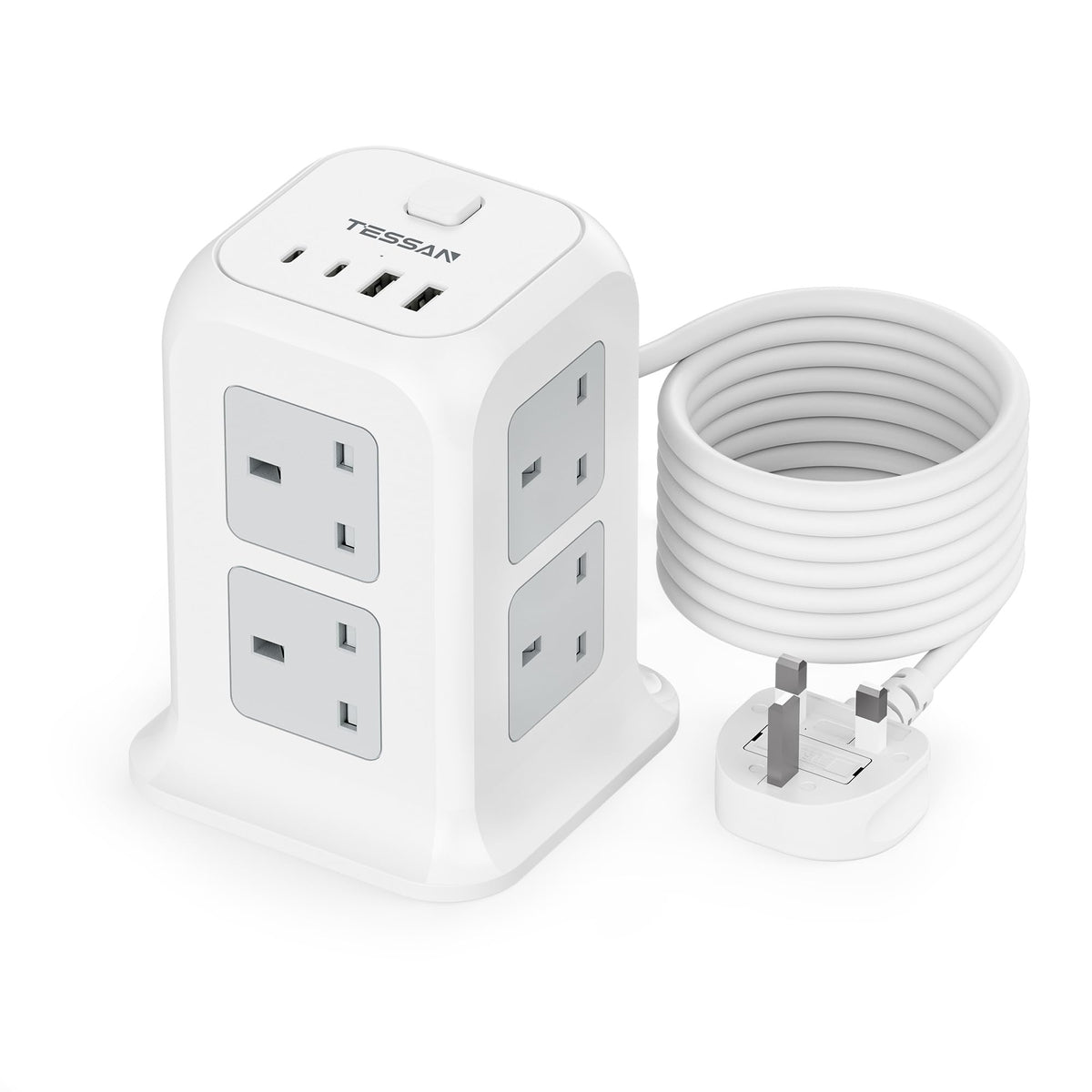 TESSAN 8 Way Tower Extension Lead 2M with 4 USB Slots (2 USB C)