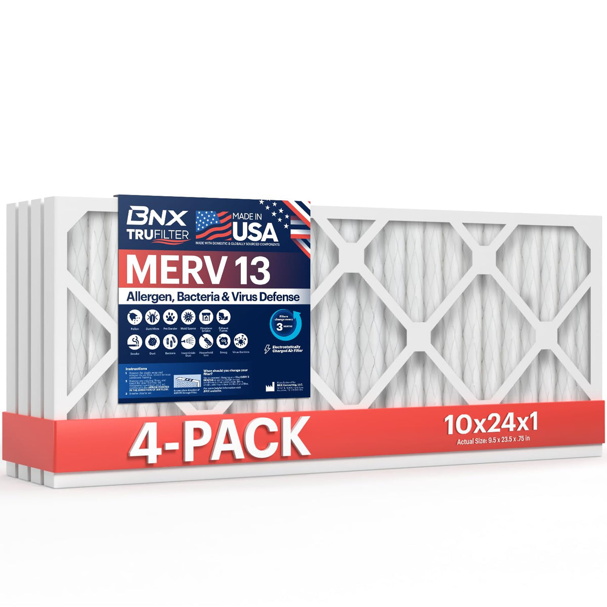 BNX TruFilter 20x20x1 Air Filter MERV 13 Smoke, Allergy, Pet Defense 6-Pack