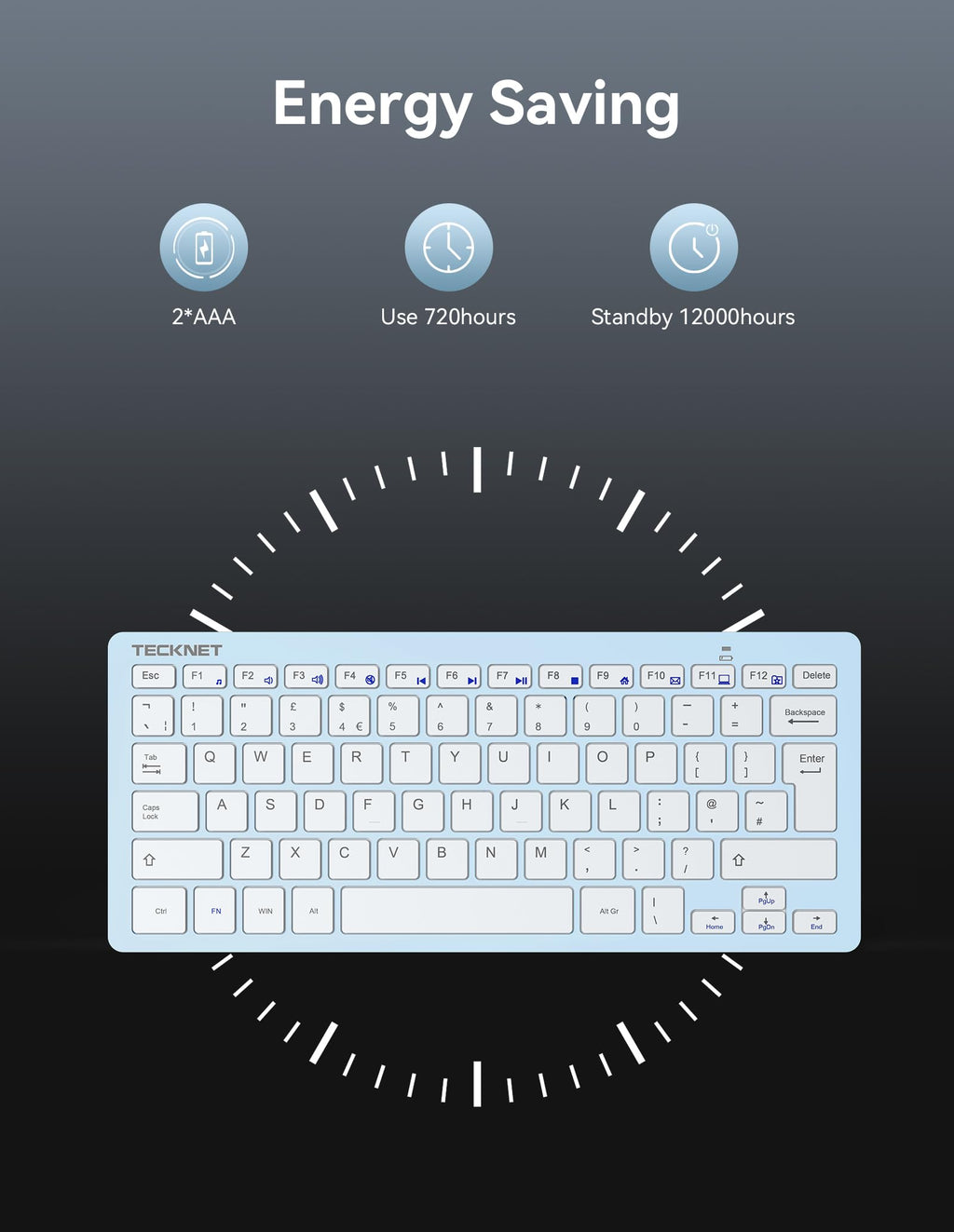 TECKNET 2.4G Wireless Compact Mini Keyboard, UK Layout, White