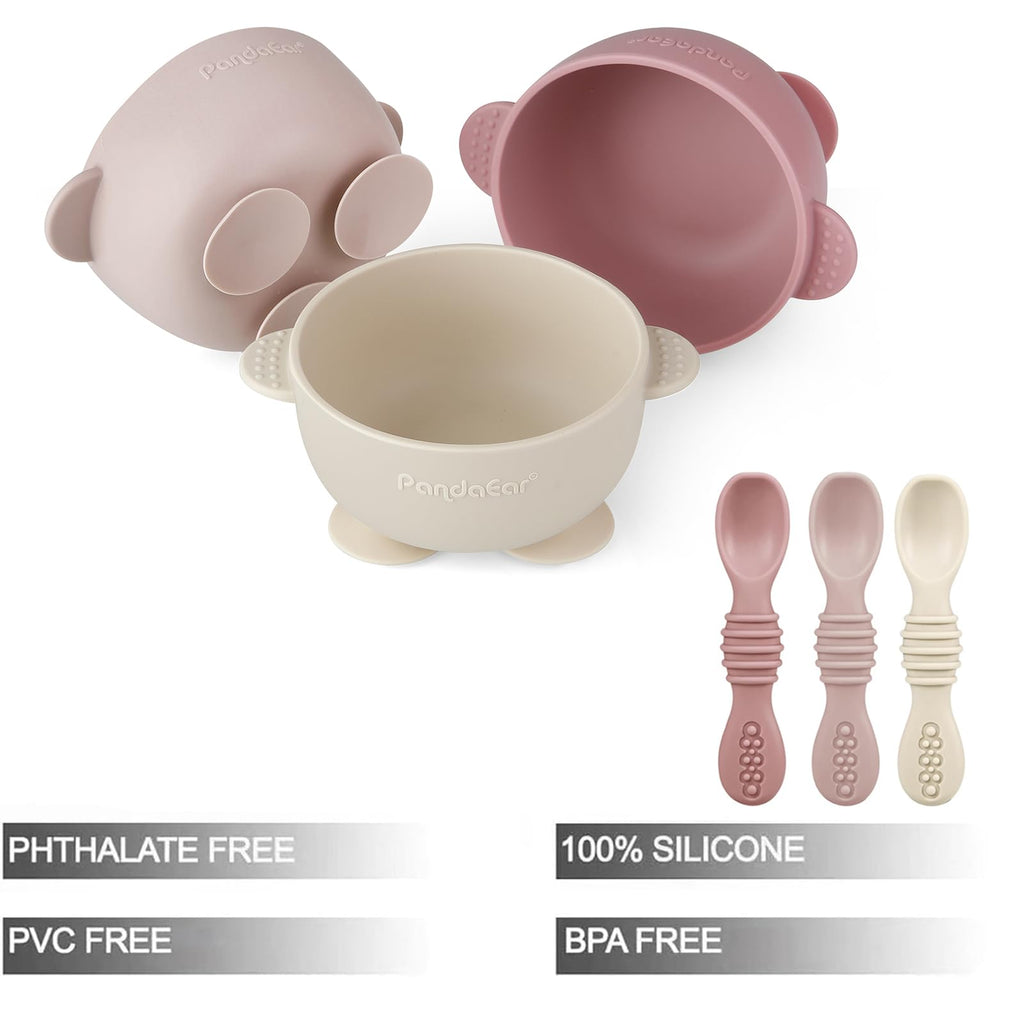 PandaEar 3 Pack Baby Suction Bowls with 3 Spoons, Stay Put Silicone Food Bowl Babies Led Weaning Supplies for Kids Toddlers, BPA-Free (Linen Brown Tan)