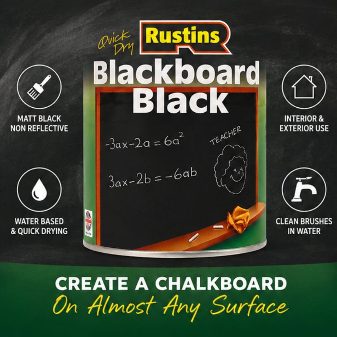 Rustins Blackboard Black 500ml– Quick Dry Matt Black Chalkboard Paint, Durable Writing Surface for Home, School & Office
