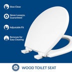Mayfair Cassel slow close toilet seat, easy clean non-slip premium wood seat, install, made in USA, elongated, white