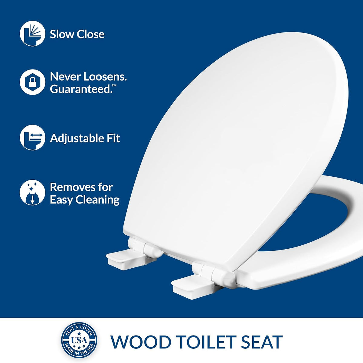 Mayfair Cassel slow close toilet seat, easy clean non-slip premium wood seat, install, made in USA, elongated, white