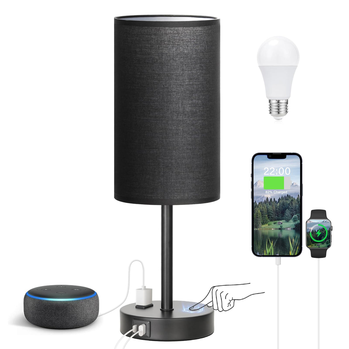 Fenmzee Bedside Table Lamp Set of 2 - Dimmable Touch, USB A+C, AC Outlet