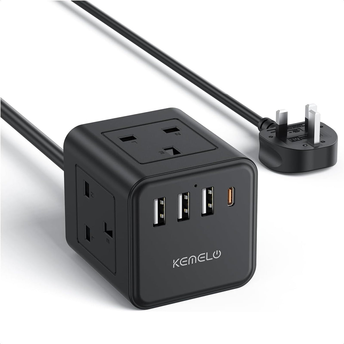 Cube Extension Lead with 4 USB Slots, Kemelo 4 Way (13A/3250W) Multi Plug Extension Cable with Child Safety UK Desktop Power Extension Socket,1.5M Extension Cords for Home Dorm Office Travel, Black