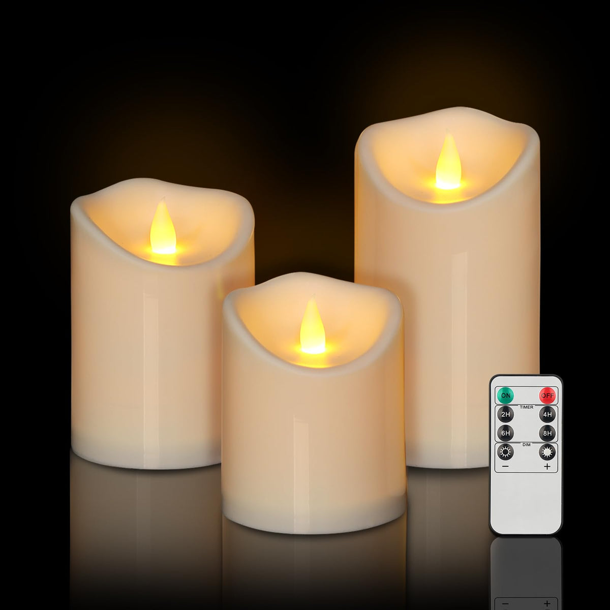 Outdoor Flameless Candles, Patented 3D Dual-LED, Set of 2 Slanted Plastic Pillars with Remote, Waterproof Non-Melting Battery Operated Decor for Bathroom Bedroom Gift, Black (D3 x H6)