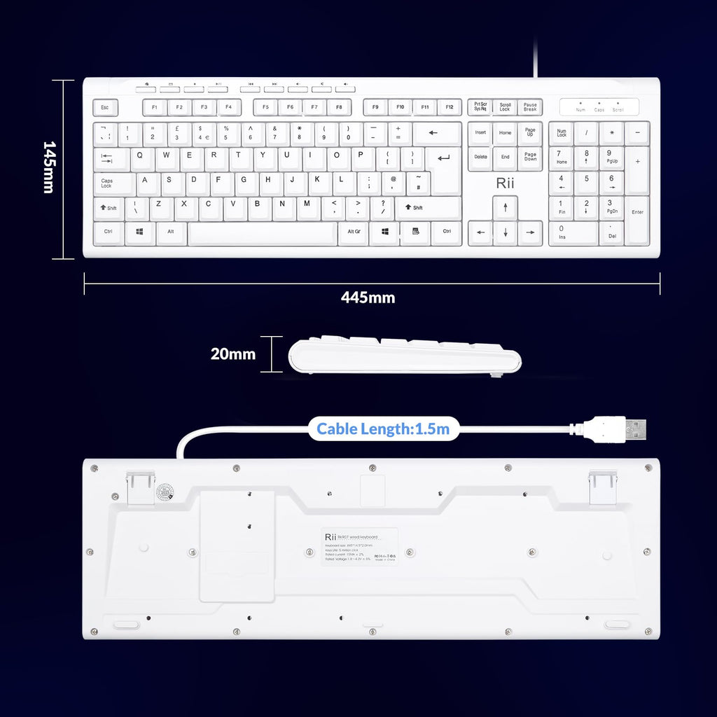 Rii RK907 USB Wired Keyboard Full Size Office Keyboard Compatible with Mac PC Tablet Windows Android Microsoft UK Layout