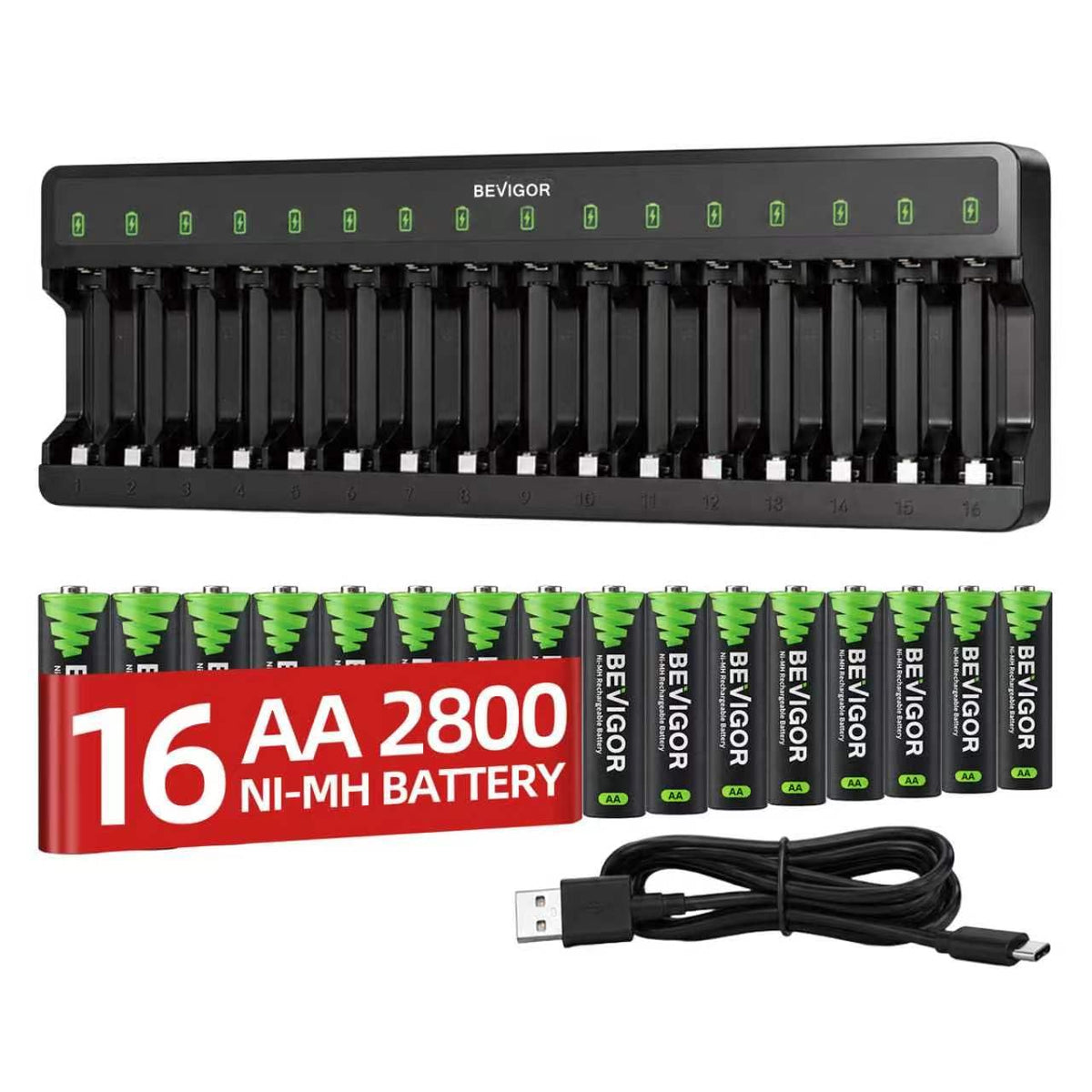 BEVIGOR 12 Slot Battery Charger with 12 Pack AA Rechargeable Batteries
