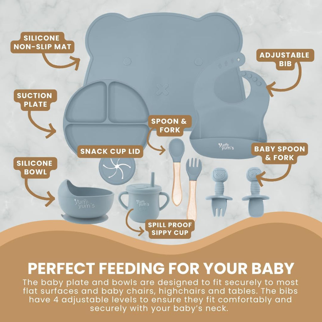 Yum Yum's Baby 10 Pcs Blue Weaning Set - Complete Toddler Feeding Kit w/Sectioned Plate, Suction Bowls, Cutlery with Mouth Guard, Straw Cup, Bib & Mat - Non-Slip - for Toddlers & Baby Gift