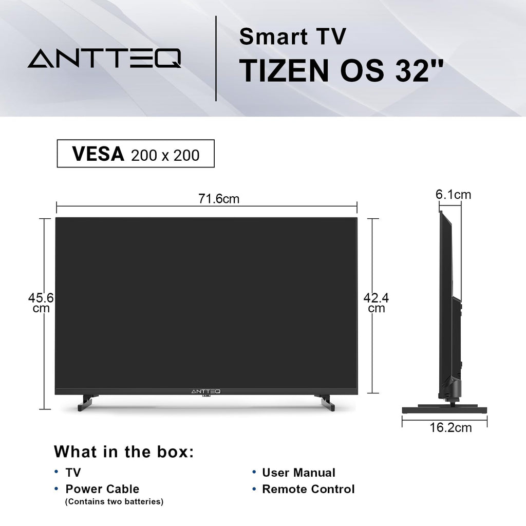 Antteq 32 Inch TV, Central Stand Design TV 720P Freeview HD Dolby Audio DVB T2/S2 LED Television, HDMI USB Media Player Monitor PS5 Xbox, Standard Nonsmart TV Small Screen for Bedroom Kitchen Black