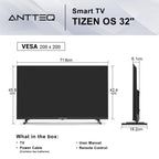 Antteq 32 Inch TV, Central Stand Design TV 720P Freeview HD Dolby Audio DVB T2/S2 LED Television, HDMI USB Media Player Monitor PS5 Xbox, Standard Nonsmart TV Small Screen for Bedroom Kitchen Black