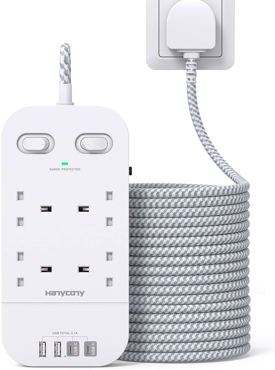 Extension Lead 5M, 4 Way Surge Protected Power Strip with USB C Slots