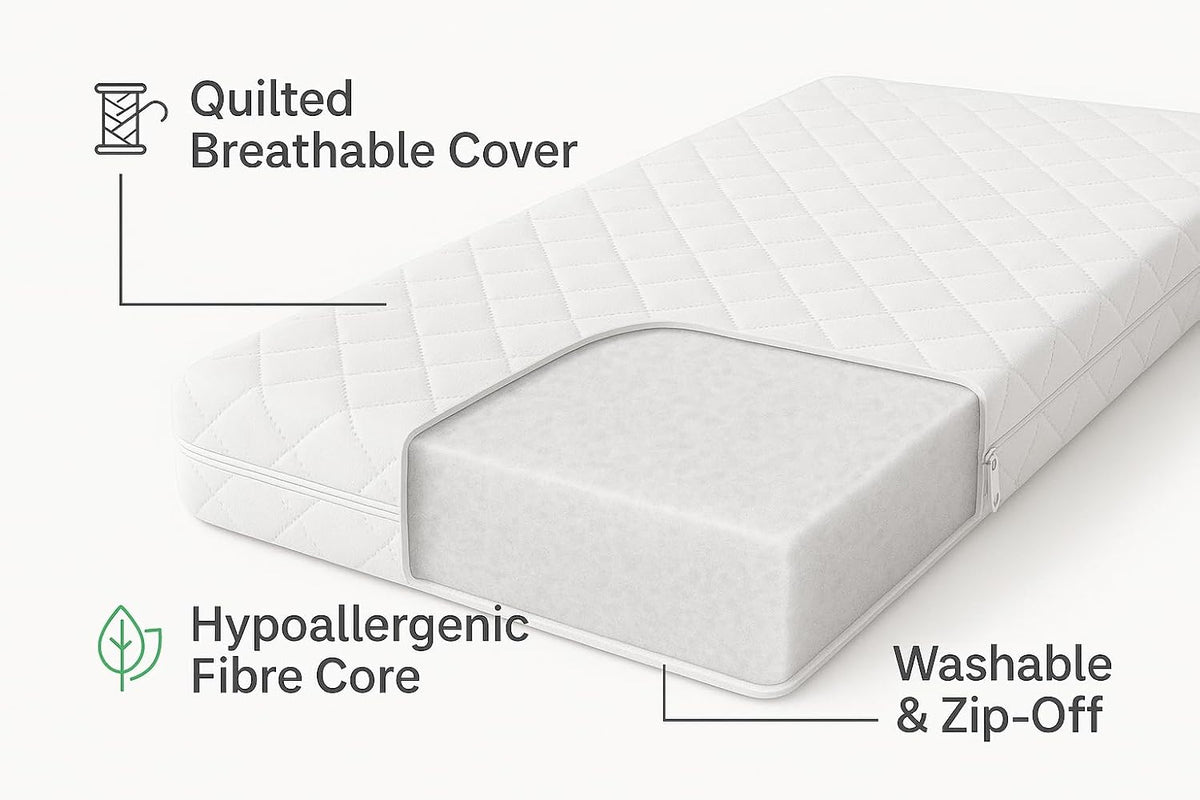 Toddler Cot Mattress 120 x 60 x 5 cm – Extra Thick Baby Mattress for Cot Beds – Quilted Polypropylene Cover – Firm Foam Support, Removable Cover – UK Made