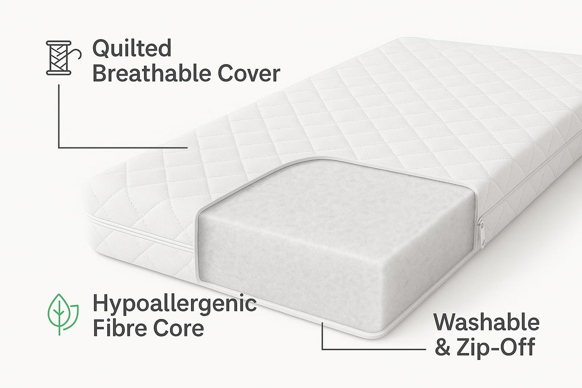 Toddler Cot Mattress 120 x 60 x 5 cm – Extra Thick Baby Mattress for Cot Beds – Quilted Polypropylene Cover – Firm Foam Support, Removable Cover – UK Made