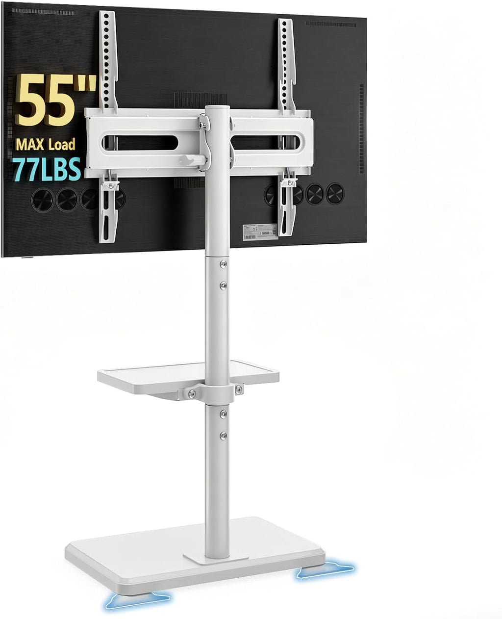 Floor TV Stand with Mount for 26-55 inch TVs up to 35 kg, Height Adjustable Swivel Tilt TV Stand with Wood Base & Shelf, Saving Space Design for Bedroom, Living Room and Corner, White