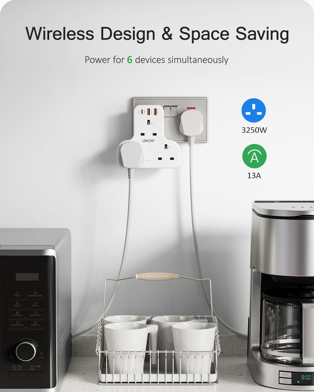 LENCENT Plug Extension Socket, 3 Way Multi Plug Socket with 3 USB Ports