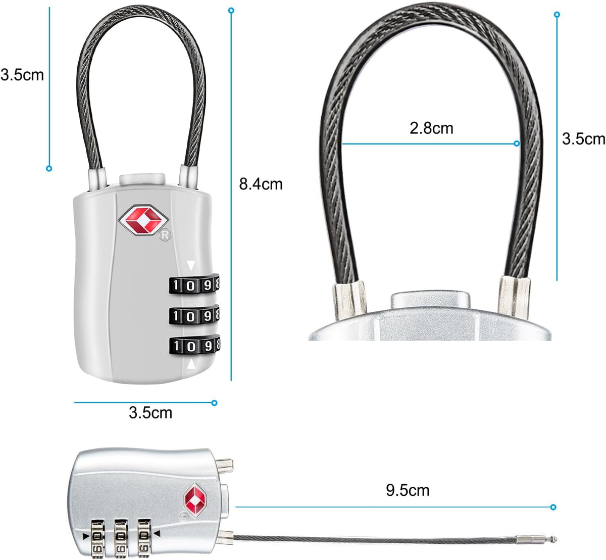 Diyife TSA Approved Luggage Locks with Flexible Steel Cable, Easy to Set up