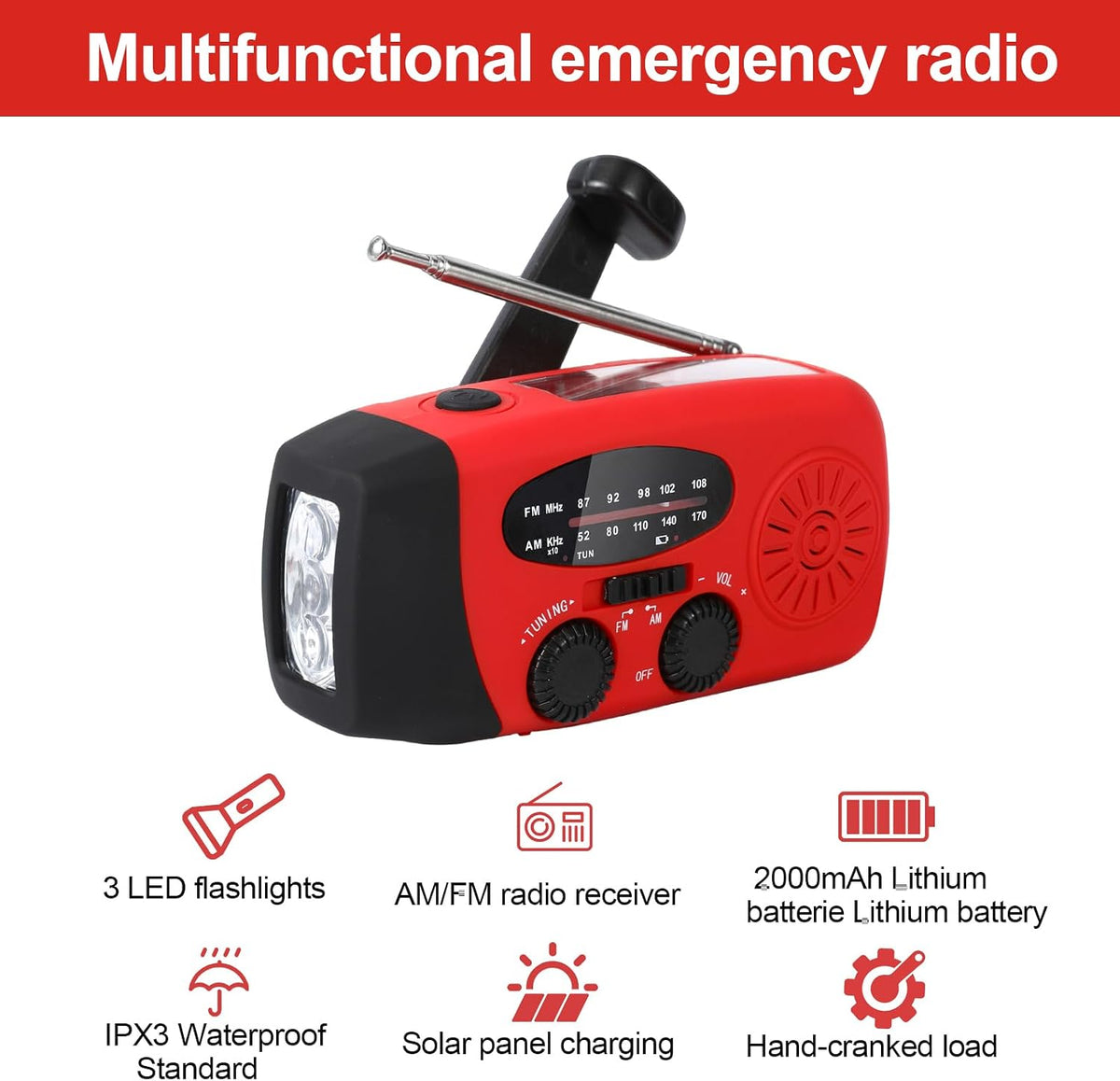 2000mAh Wind Up Solar Hand Crank Emergency Radio | AM/FM Weather Band Radio with LED Torch, SOS Alert & USB Phone Charger for Outdoor Camping Hiking (Red)