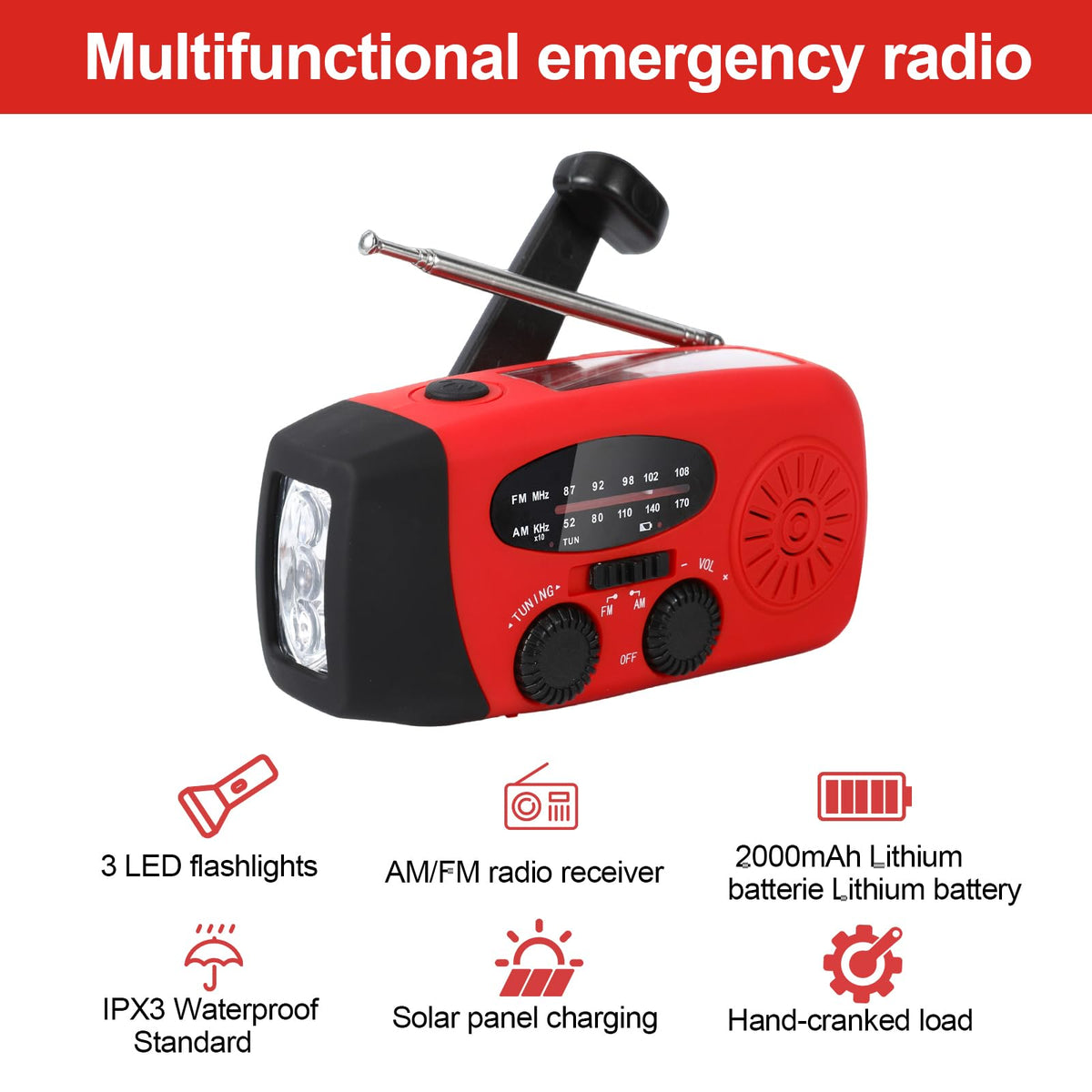 2000mAh Wind Up Solar Hand Crank Emergency Radio | AM/FM Weather Band Radio with LED Torch, SOS Alert & USB Phone Charger for Outdoor Camping Hiking (Red)