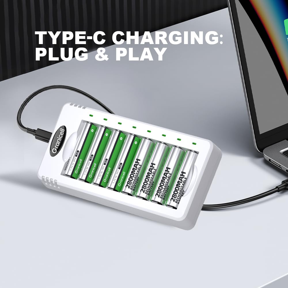 Granicell Rechargeable Batteries with Charger, 8-Bay Smart Charger, Individual Slots, 4 AA 2800mAh and 4 AAA 1100mAh Low Self-Discharge NiMH Batteries
