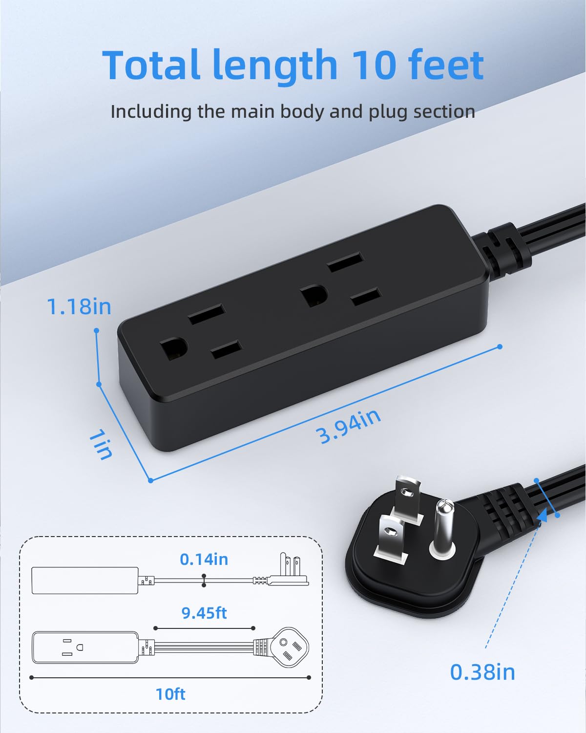 Flat Plug Extension Cord with 3 Outlets - 1Ft Low Profile Indoor 3 Prong Grounded Power Strip for Home Office & Travel - 16 AWG 13A/1625W, Black