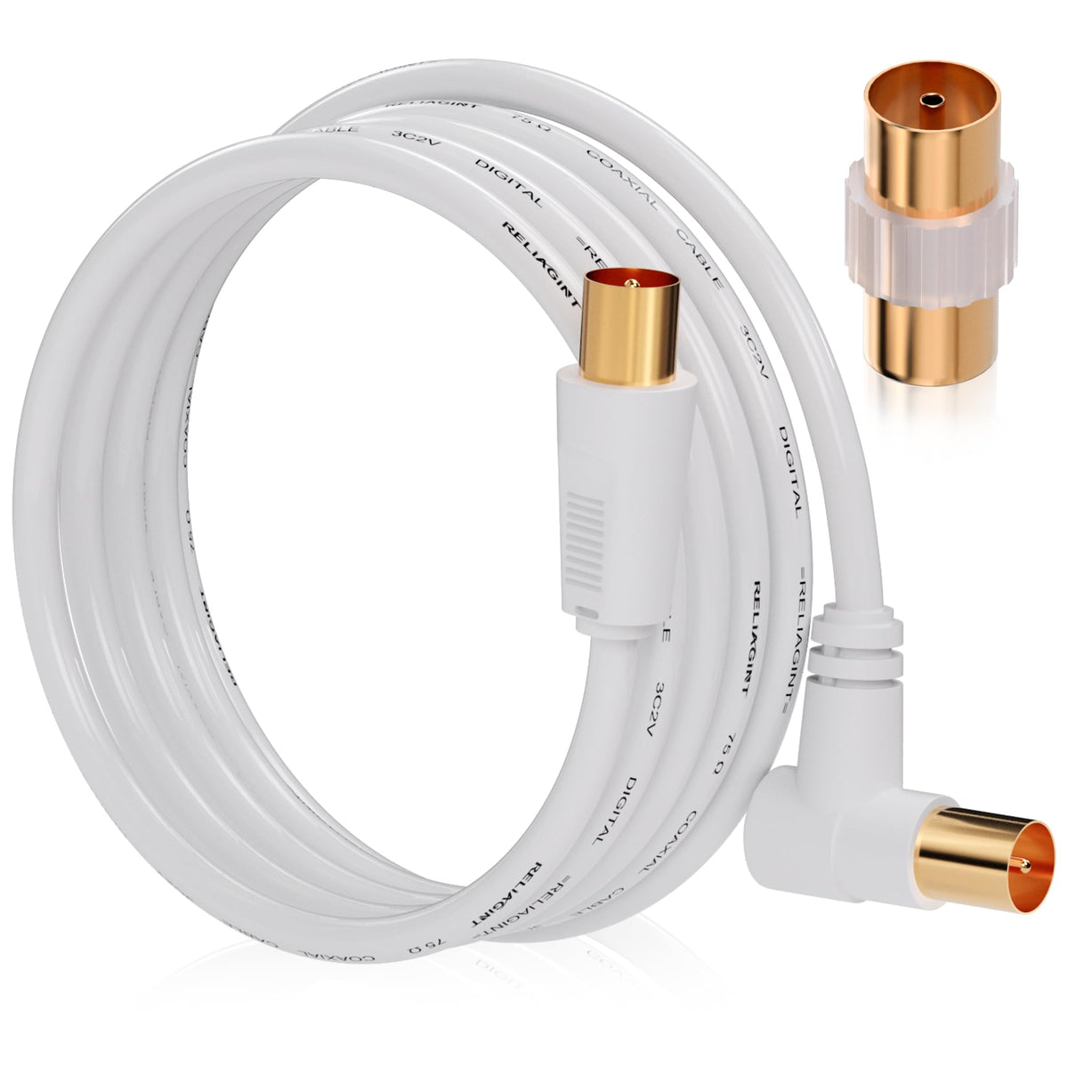 TV Aerial Cable 10m, 75 Ohm Coaxial Lead, IEC 9.5mm Male to Male 3C2V Pure Copper Dual Shielded, Right-Angle Connector, Female to Female Adaptor Included, Black