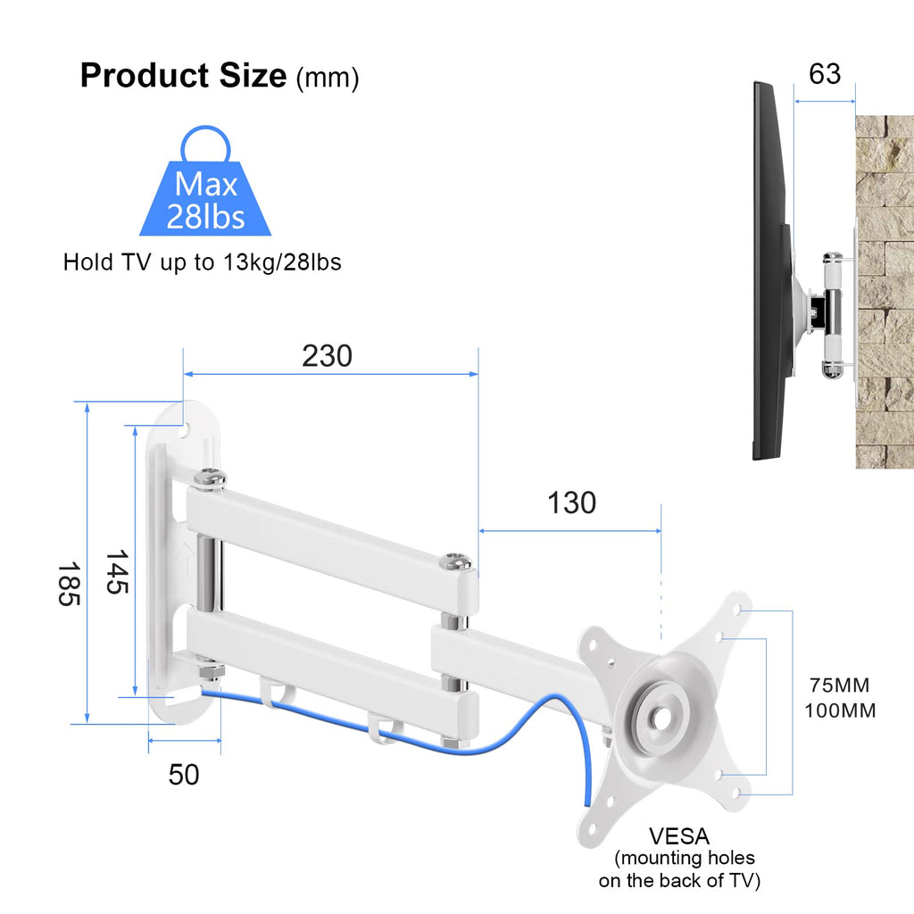 Suptek Full Motion TV Wall Mount Bracket for Most 13-30 inch TVs and Monitors, Flat and Curved TVs up to 28lbs, Tilt Swivel and 16.9 inch Extension, Max VESA 100x100mm, Black, MA2776