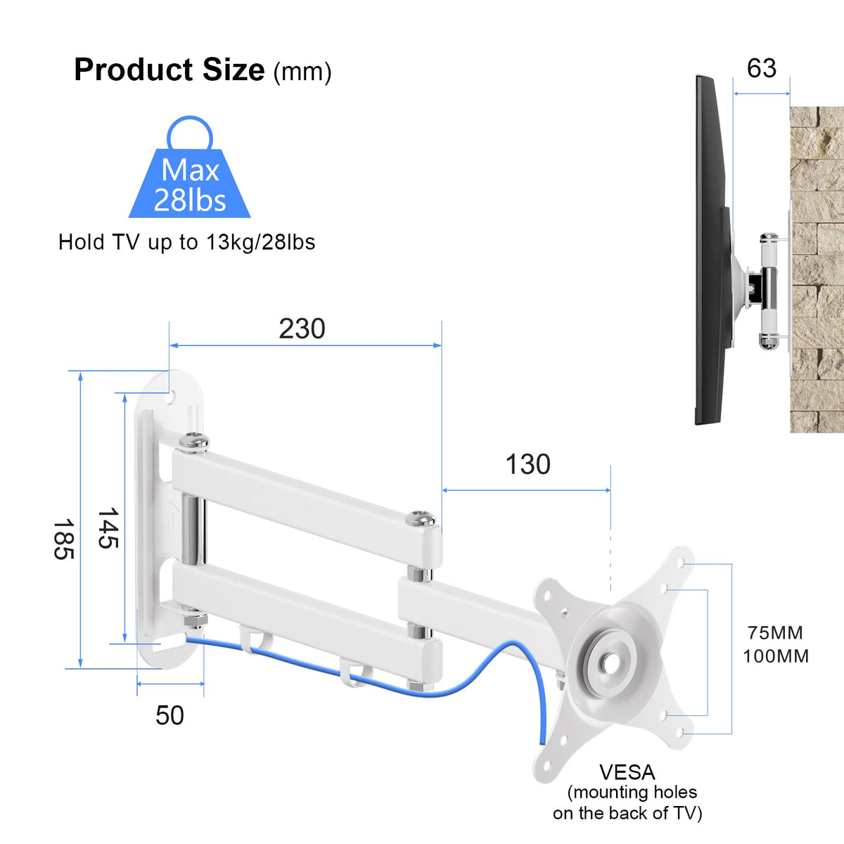 Suptek Full Motion TV Wall Mount Bracket for Most 13-30 inch TVs and Monitors, Flat and Curved TVs up to 28lbs, Tilt Swivel and 16.9 inch Extension, Max VESA 100x100mm, Black, MA2776