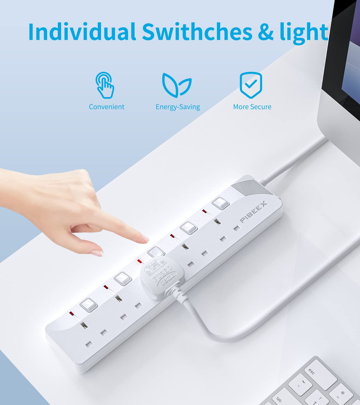 PIBEEX Extension Lead 2 Way Plug Sockets with Individual Switches Wall Mountable Power Strip 3M Extension Cable 13A Fused UK Plug 3250W
