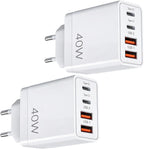 40W EU Travel Charger, European Plug Adaptor with 2 USB C Ports and 2 USB A Ports, Fast Charging UK to Europe Mains Adaptor for iPhone Samsung Smartphones 2PC