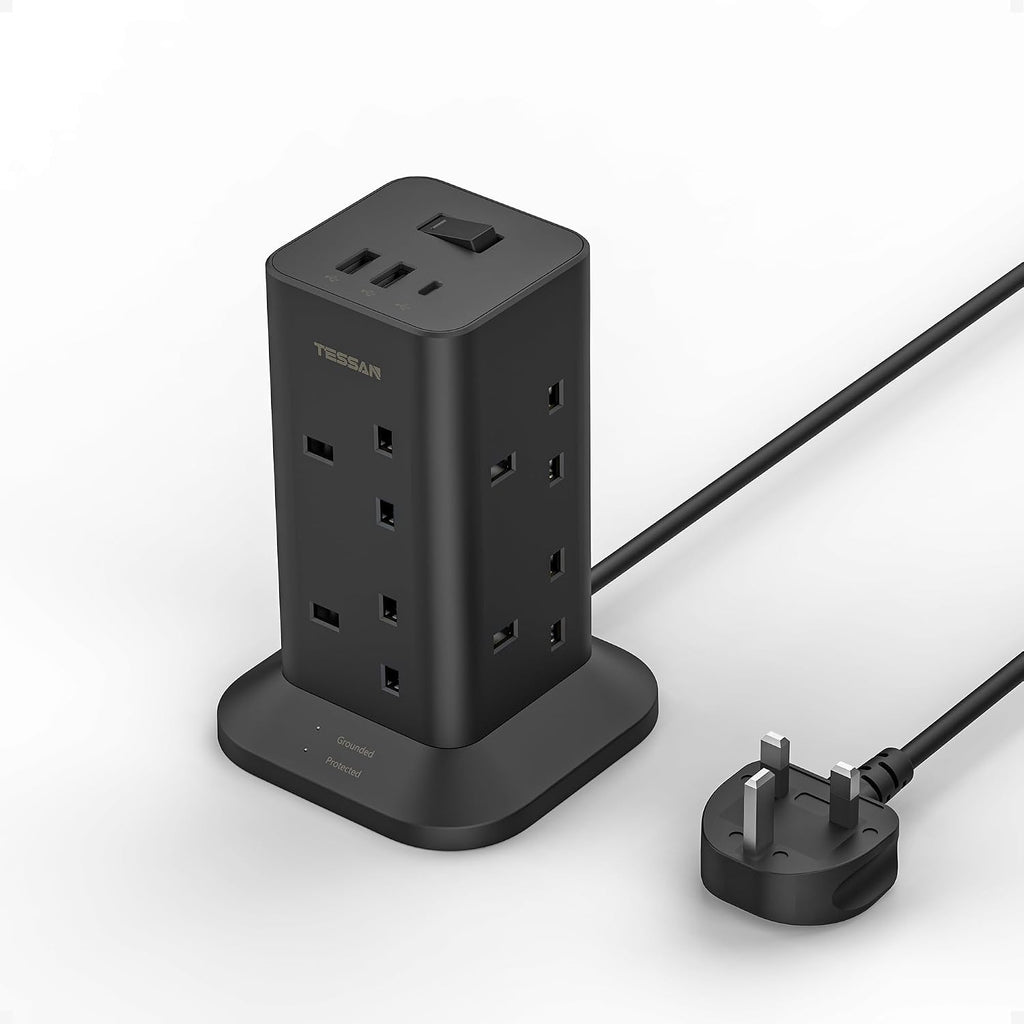 TESSAN Tower Black Extension Lead with USB C Slots