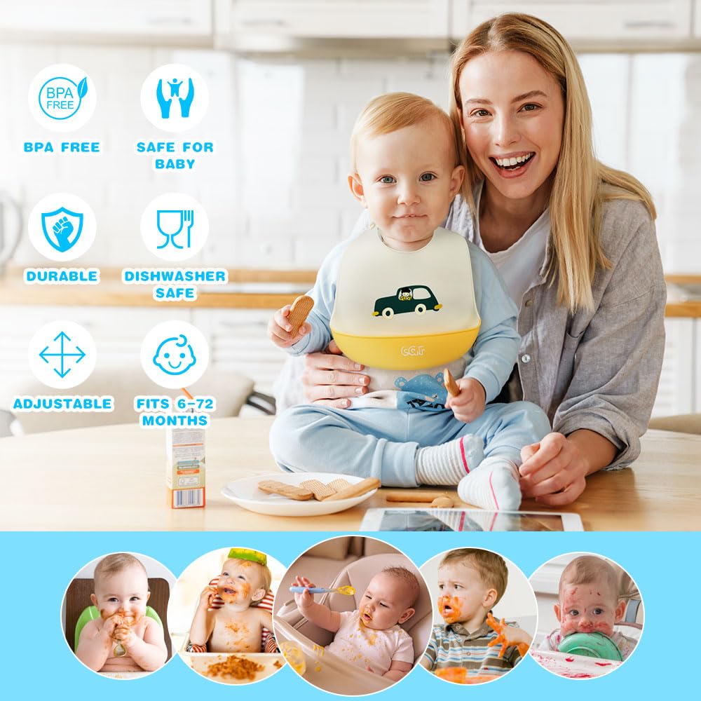 Vicloon Silicone Baby Bib, Baby Weaning Bibs, Waterproof Baby Feeding Bibs Adjustable with Wide Food Catcher Pocket Unisex Toddler Bibs