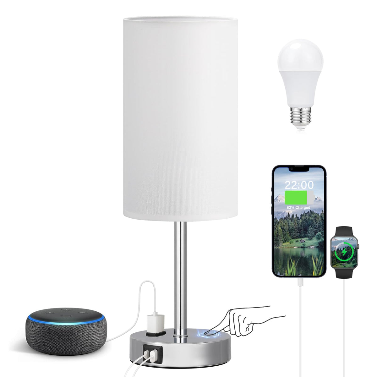 Fenmzee Bedside Table Lamp Set of 2 - Dimmable Touch, USB A+C, AC Outlet
