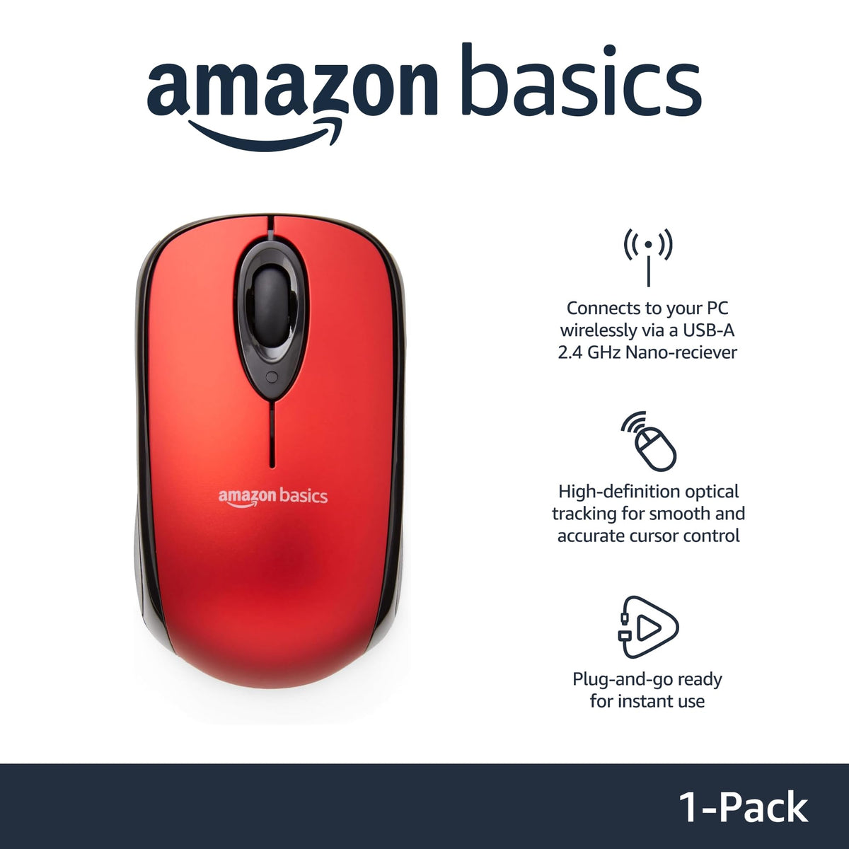 Amazon Basics Wireless Mouse for Laptop, 2.4GHz with USB Nano Receiver – Black