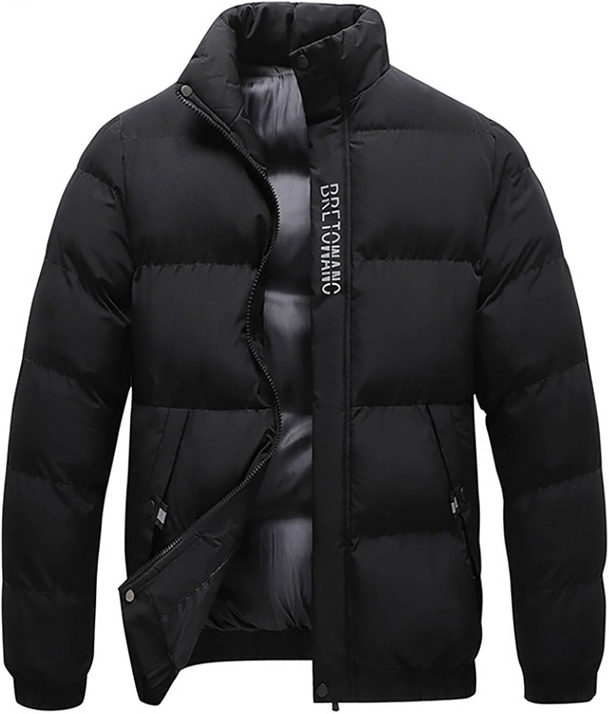 Men Winter Warm Down Jacket Long Sleeve Quilted Coats Casual Puffer Jackets Mens Outdoor Ski Hiking Windproof Stand Collar Full Zip Outwear Solid Color Thermal Coat