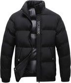Men Winter Warm Down Jacket Long Sleeve Quilted Coats Casual Puffer Jackets Mens Outdoor Ski Hiking Windproof Stand Collar Full Zip Outwear Solid Color Thermal Coat